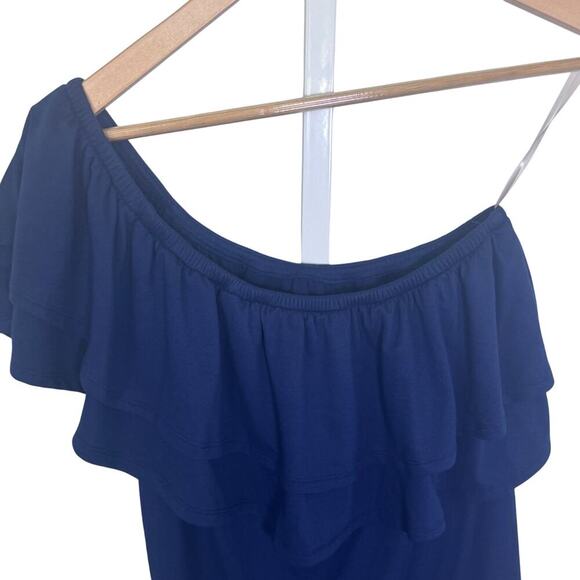 ALYA Blue One Shoulder Floral Embroidered Ruffle Top Peasant Boho Blouse Sz S - Picture 7 of 10